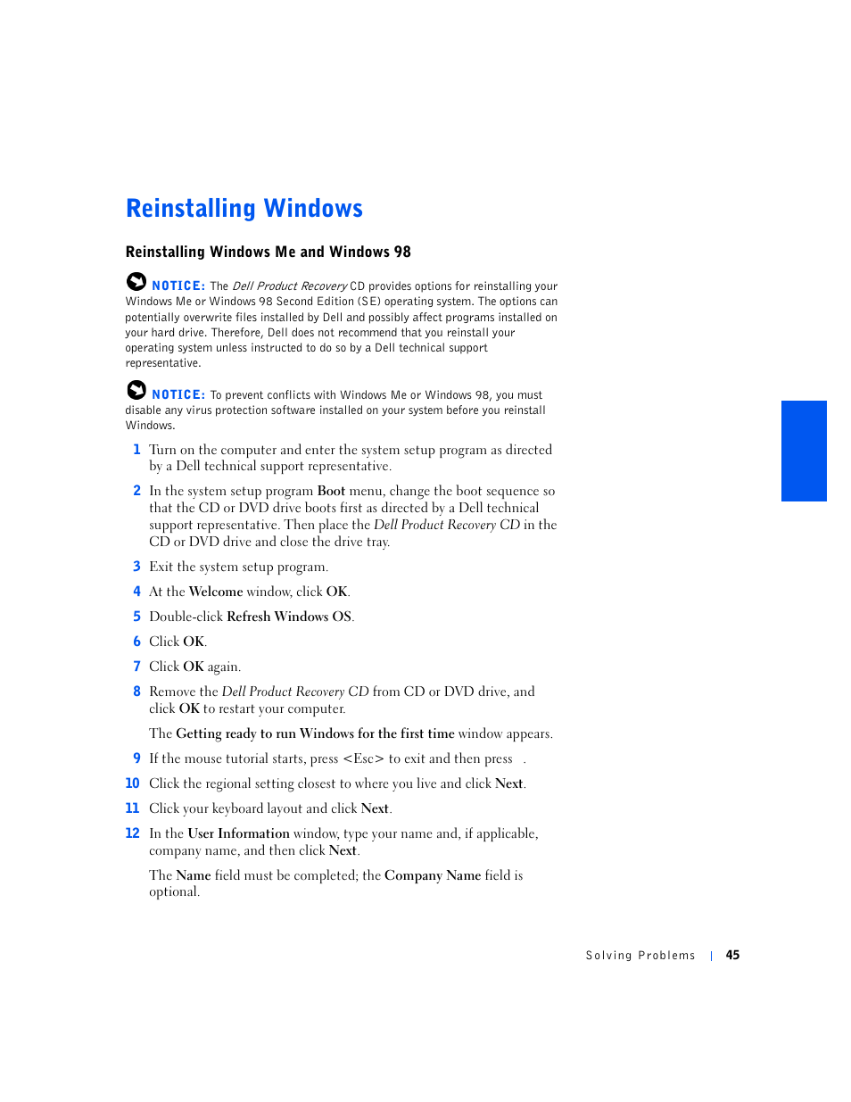 Reinstalling windows, Reinstalling windows me and windows 98, Reinstalling windows me and windows | Dell Inspiron 5000e User Manual | Page 43 / 90