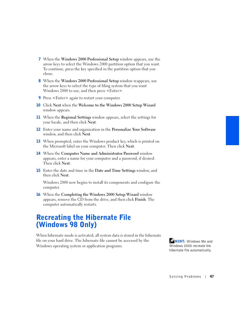 Recreating the hibernate file (windows 98 only), Recreating the hibernate file (windows 98, Only) | Dell Inspiron 5000e User Manual | Page 45 / 90