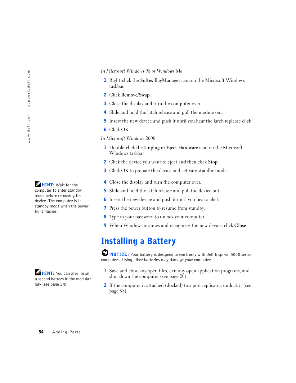 Installing a battery | Dell Inspiron 5000e User Manual | Page 52 / 90