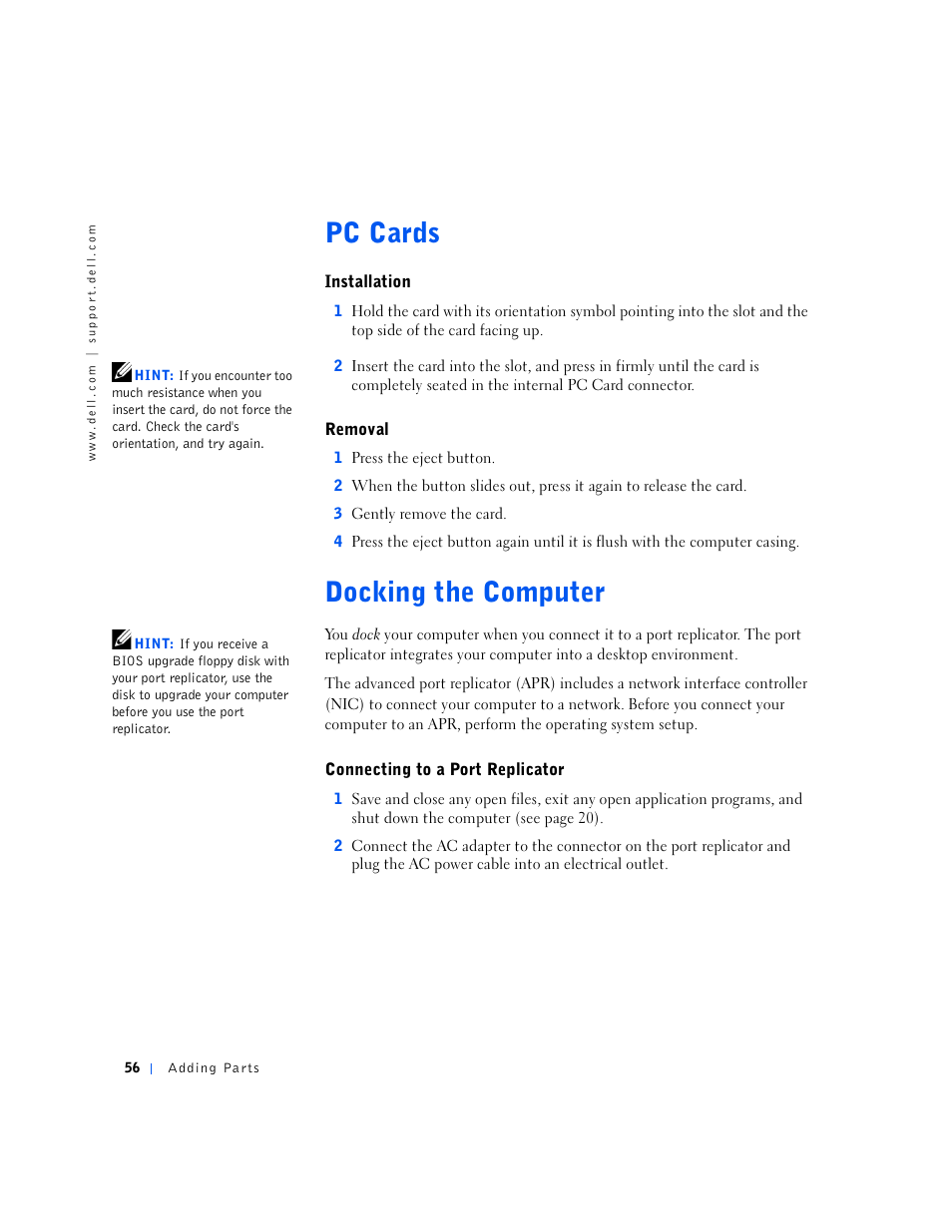 Pc cards, Installation, Removal | Docking the computer, Connecting to a port replicator, E 56 | Dell Inspiron 5000e User Manual | Page 54 / 90