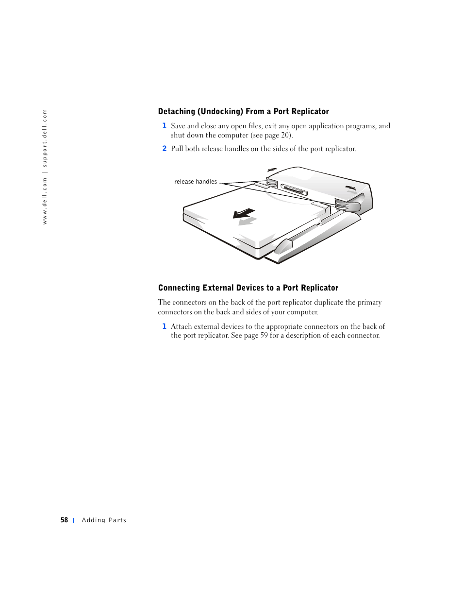 Detaching (undocking) from a port replicator, Connecting external devices to a port replicator | Dell Inspiron 5000e User Manual | Page 56 / 90