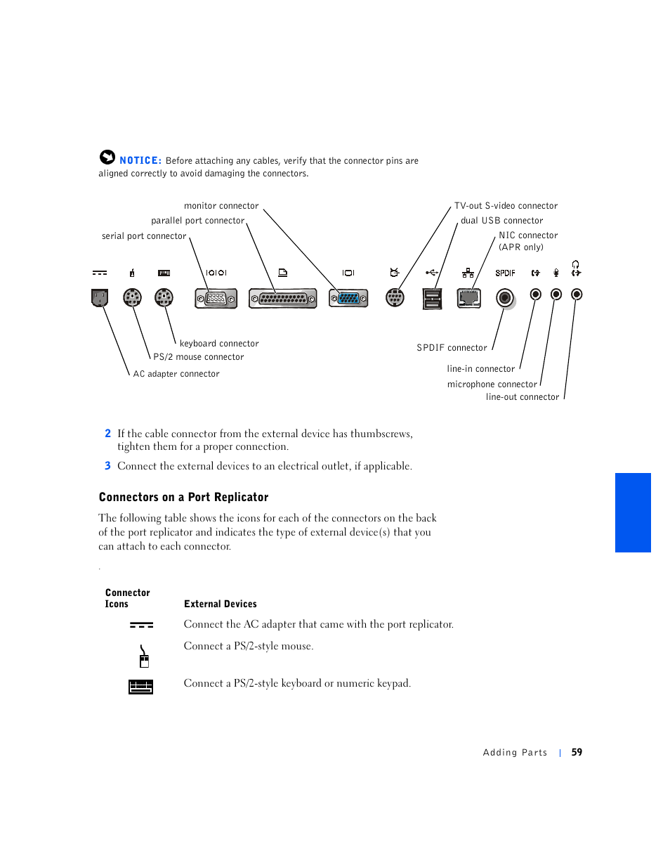 Connectors on a port replicator | Dell Inspiron 5000e User Manual | Page 57 / 90