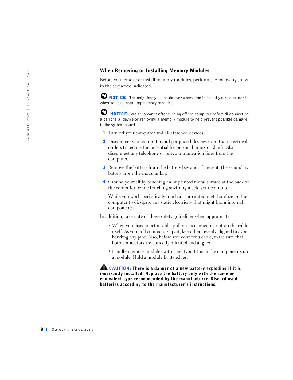 When removing or installing memory modules | Dell Inspiron 5000e User Manual | Page 6 / 90