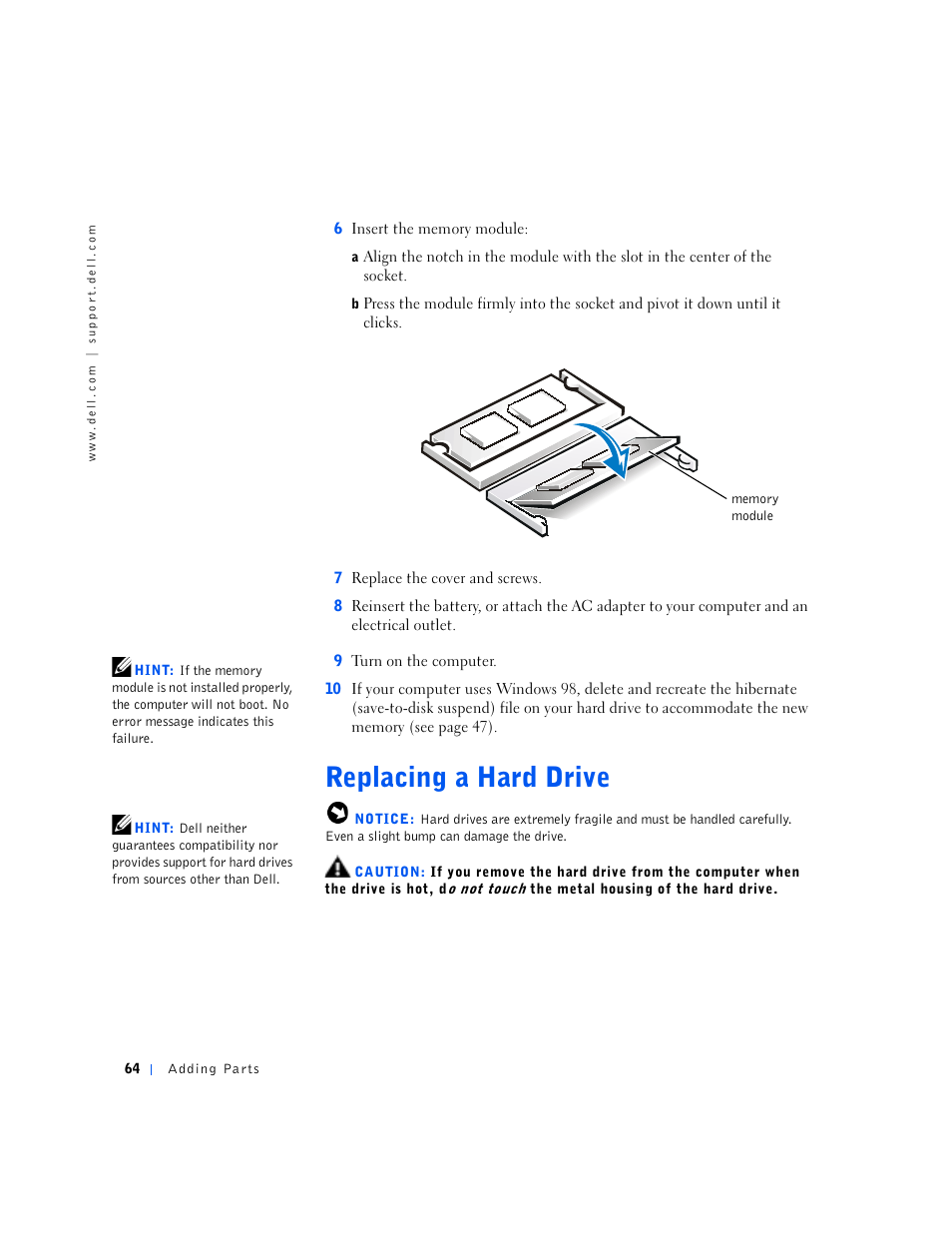 Replacing a hard drive | Dell Inspiron 5000e User Manual | Page 62 / 90