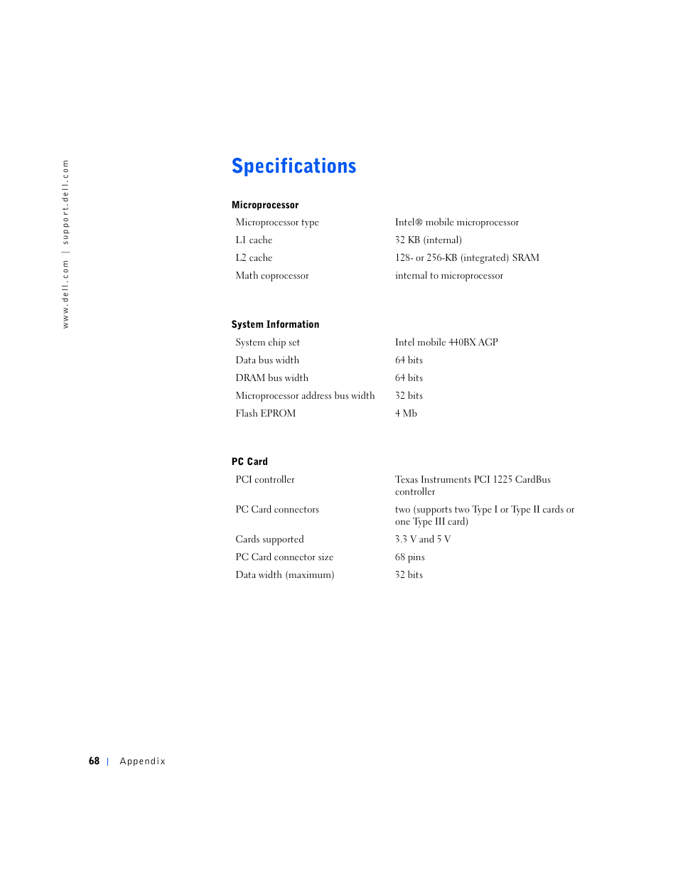 Specifications | Dell Inspiron 5000e User Manual | Page 66 / 90