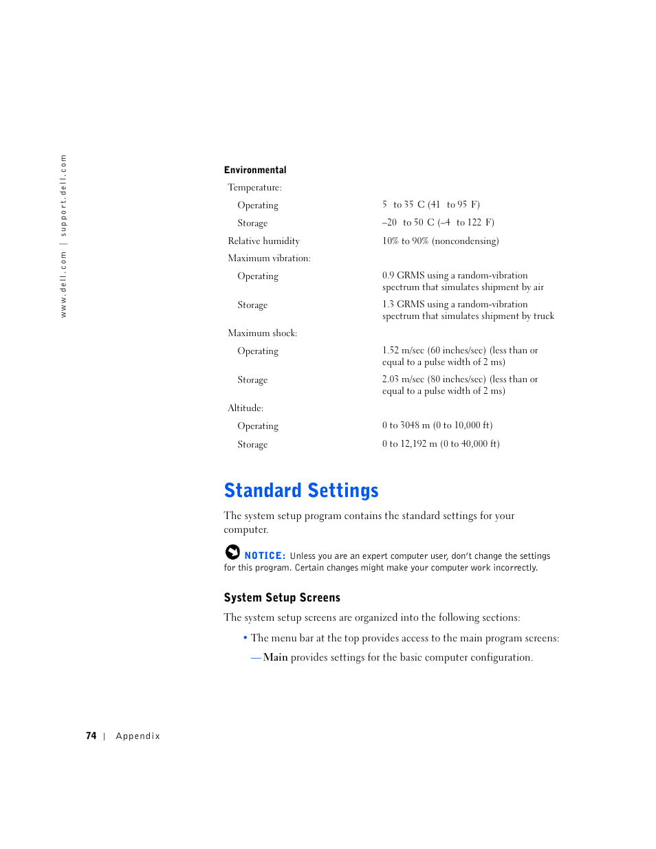 Standard settings, System setup screens, Main | Dell Inspiron 5000e User Manual | Page 72 / 90