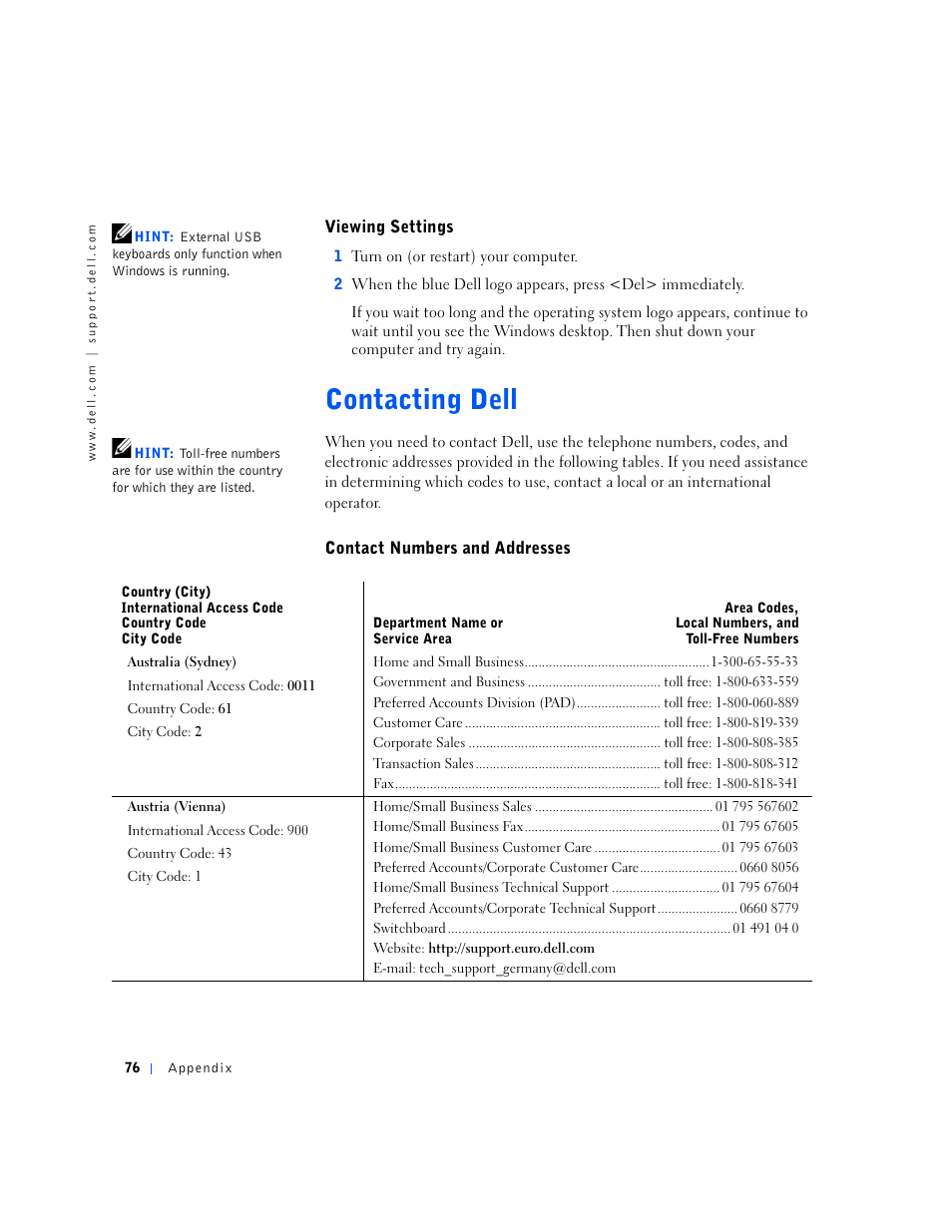 Viewing settings, Contacting dell, Contact numbers and addresses | Dell Inspiron 5000e User Manual | Page 74 / 90