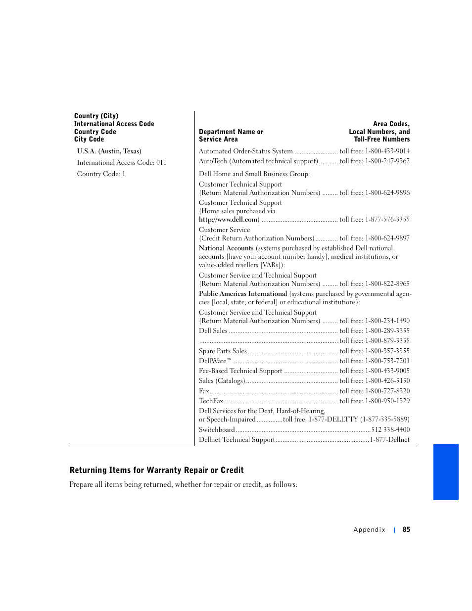 Returning items for warranty repair or credit | Dell Inspiron 5000e User Manual | Page 83 / 90