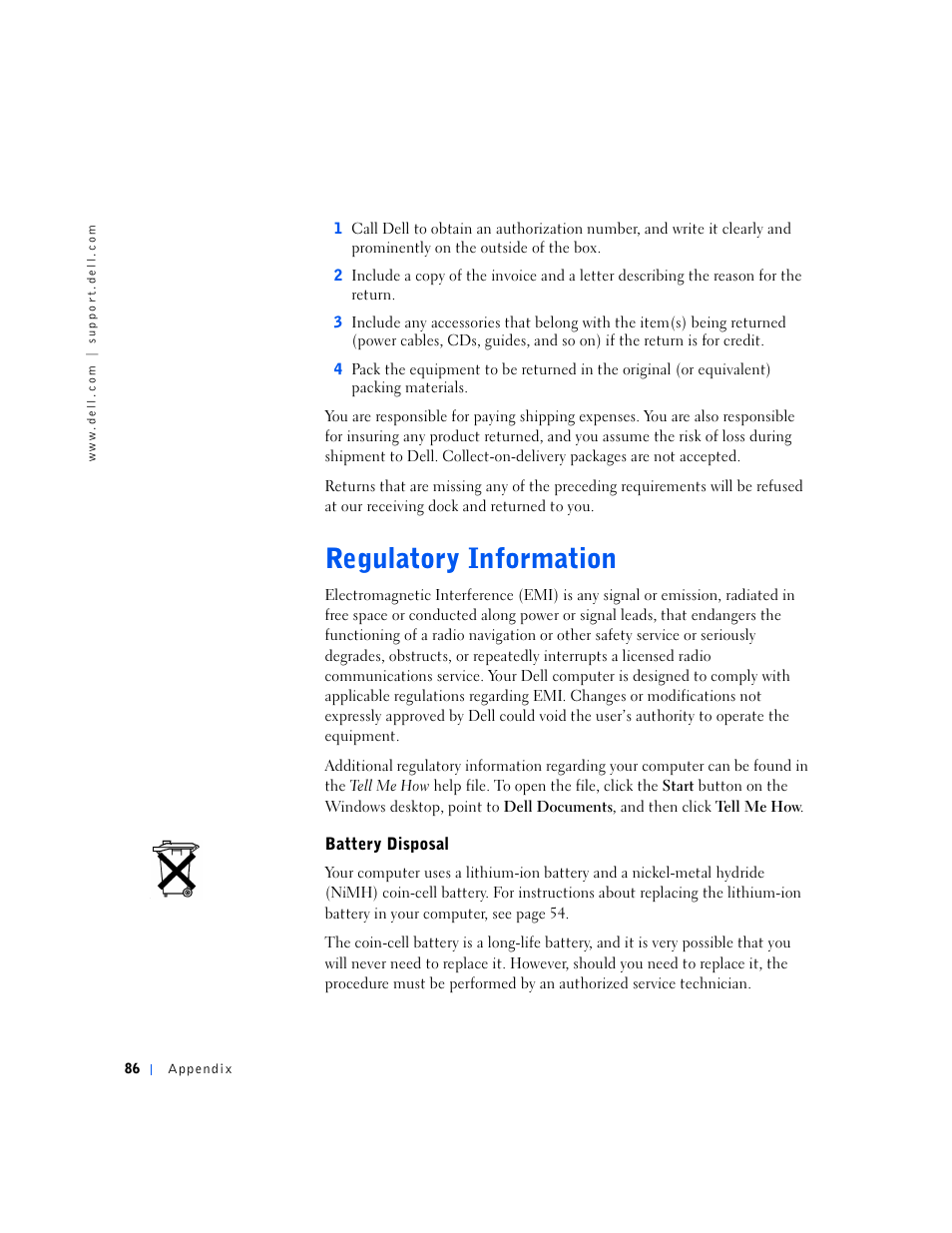 Regulatory information, Battery disposal | Dell Inspiron 5000e User Manual | Page 84 / 90