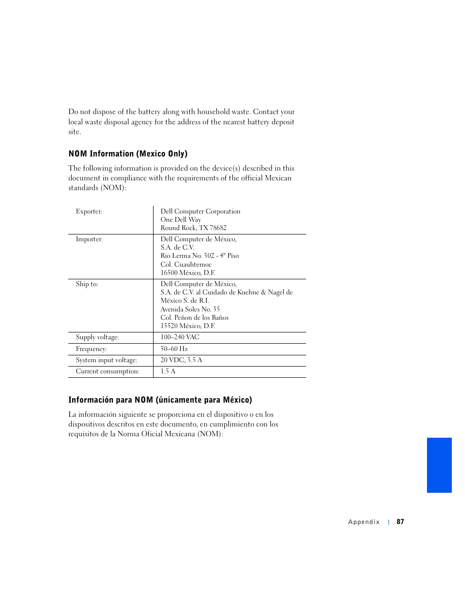 Nom information (mexico only), Información para nom (únicamente para méxico) | Dell Inspiron 5000e User Manual | Page 85 / 90