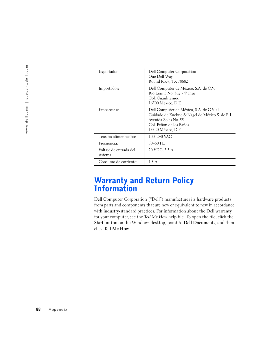 Warranty and return policy information | Dell Inspiron 5000e User Manual | Page 86 / 90