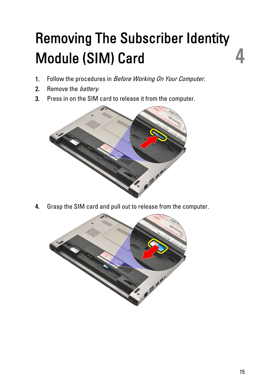 Removing the subscriber identity module (sim) card | Dell Vostro V131 (Mid 2011) User Manual | Page 15 / 90