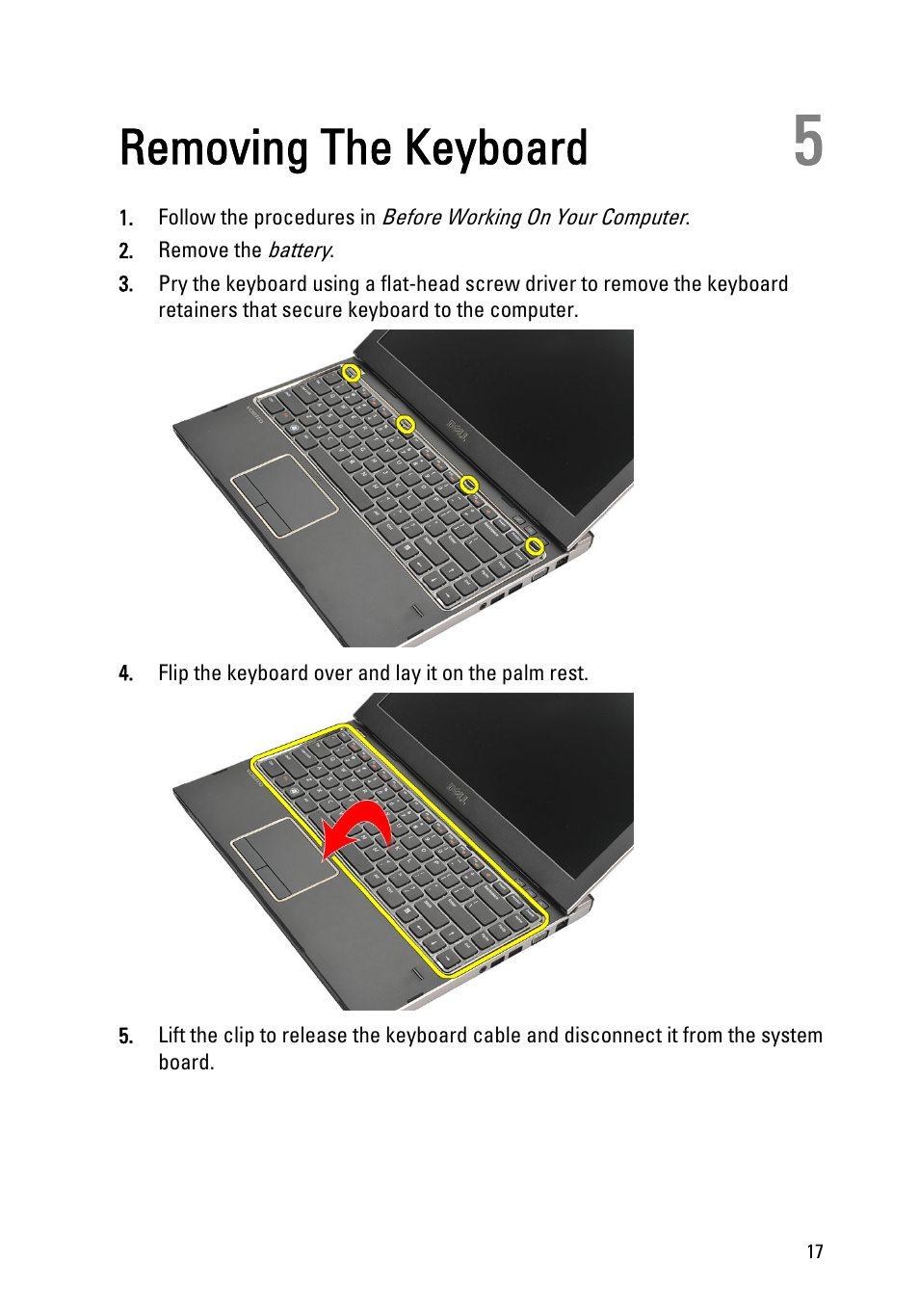 Removing the keyboard, 5 removing the keyboard | Dell Vostro V131 (Mid 2011) User Manual | Page 17 / 90