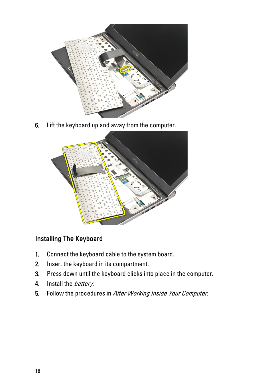 Installing the keyboard | Dell Vostro V131 (Mid 2011) User Manual | Page 18 / 90