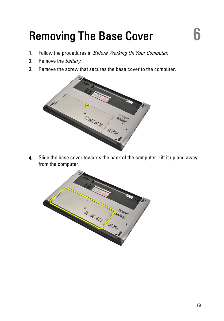 Removing the base cover, 6 removing the base cover | Dell Vostro V131 (Mid 2011) User Manual | Page 19 / 90