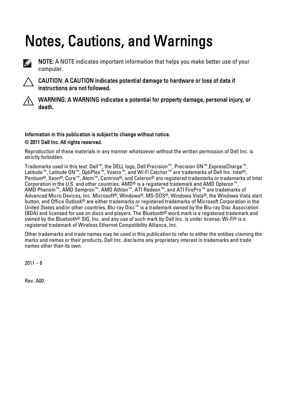 Notes, cautions, and warnings, Working on your computer | Dell Vostro V131 (Mid 2011) User Manual | Page 2 / 90