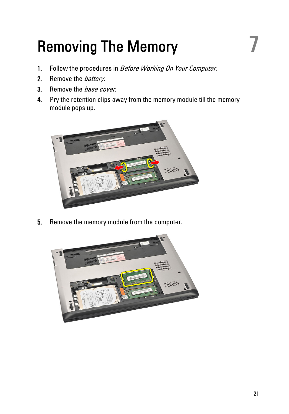 Removing the memory, 7 removing the memory | Dell Vostro V131 (Mid 2011) User Manual | Page 21 / 90