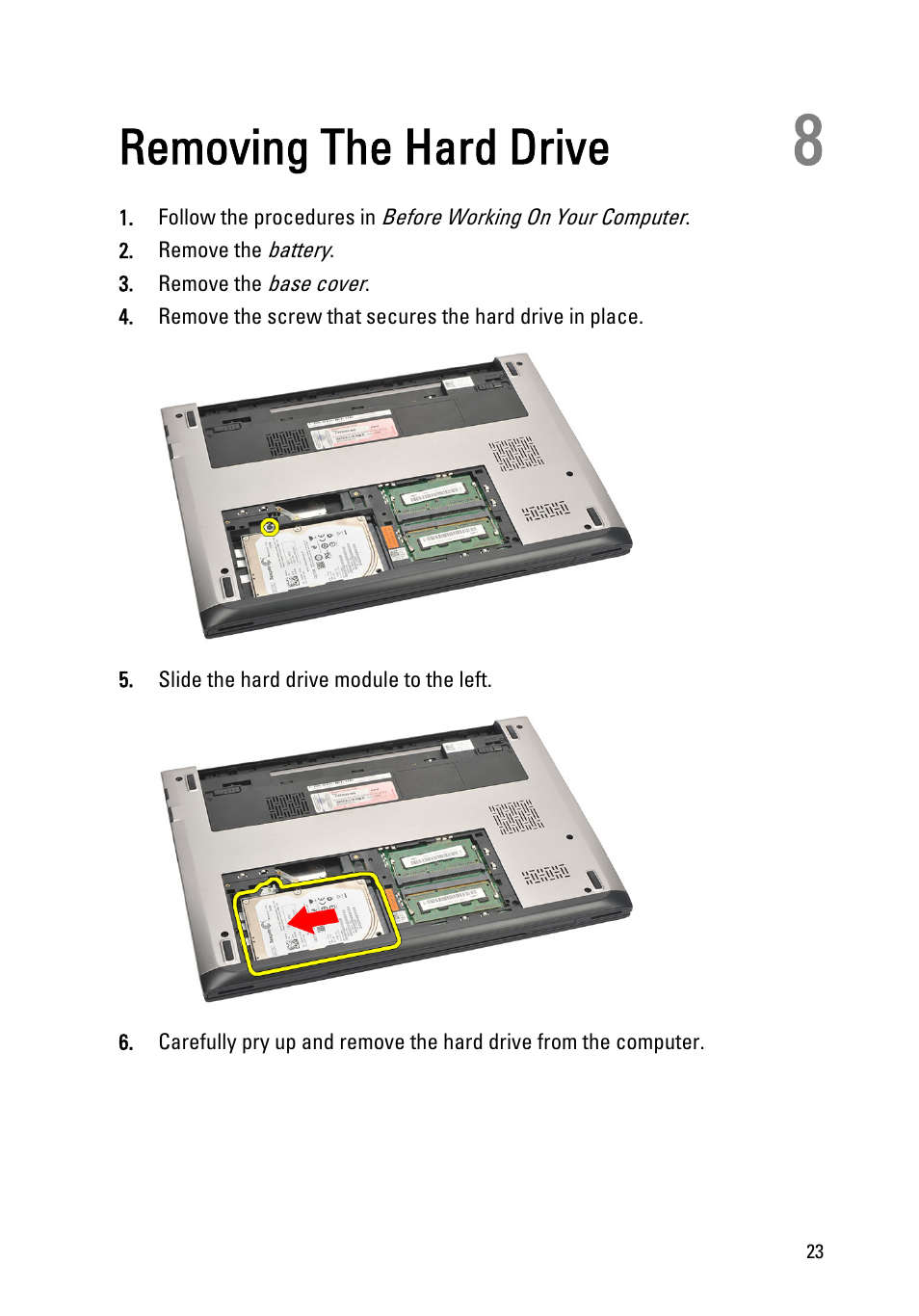 Removing the hard drive, 8 removing the hard drive | Dell Vostro V131 (Mid 2011) User Manual | Page 23 / 90