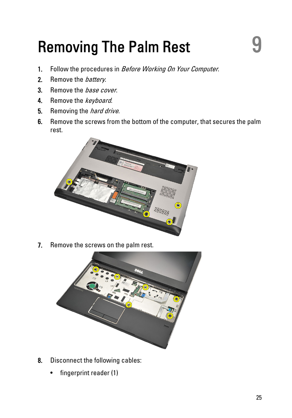 Removing the palm rest, 9 removing the palm rest | Dell Vostro V131 (Mid 2011) User Manual | Page 25 / 90