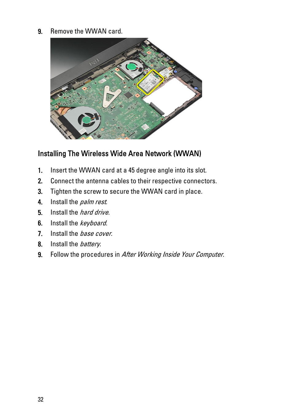 Installing the wireless wide area network (wwan) | Dell Vostro V131 (Mid 2011) User Manual | Page 32 / 90