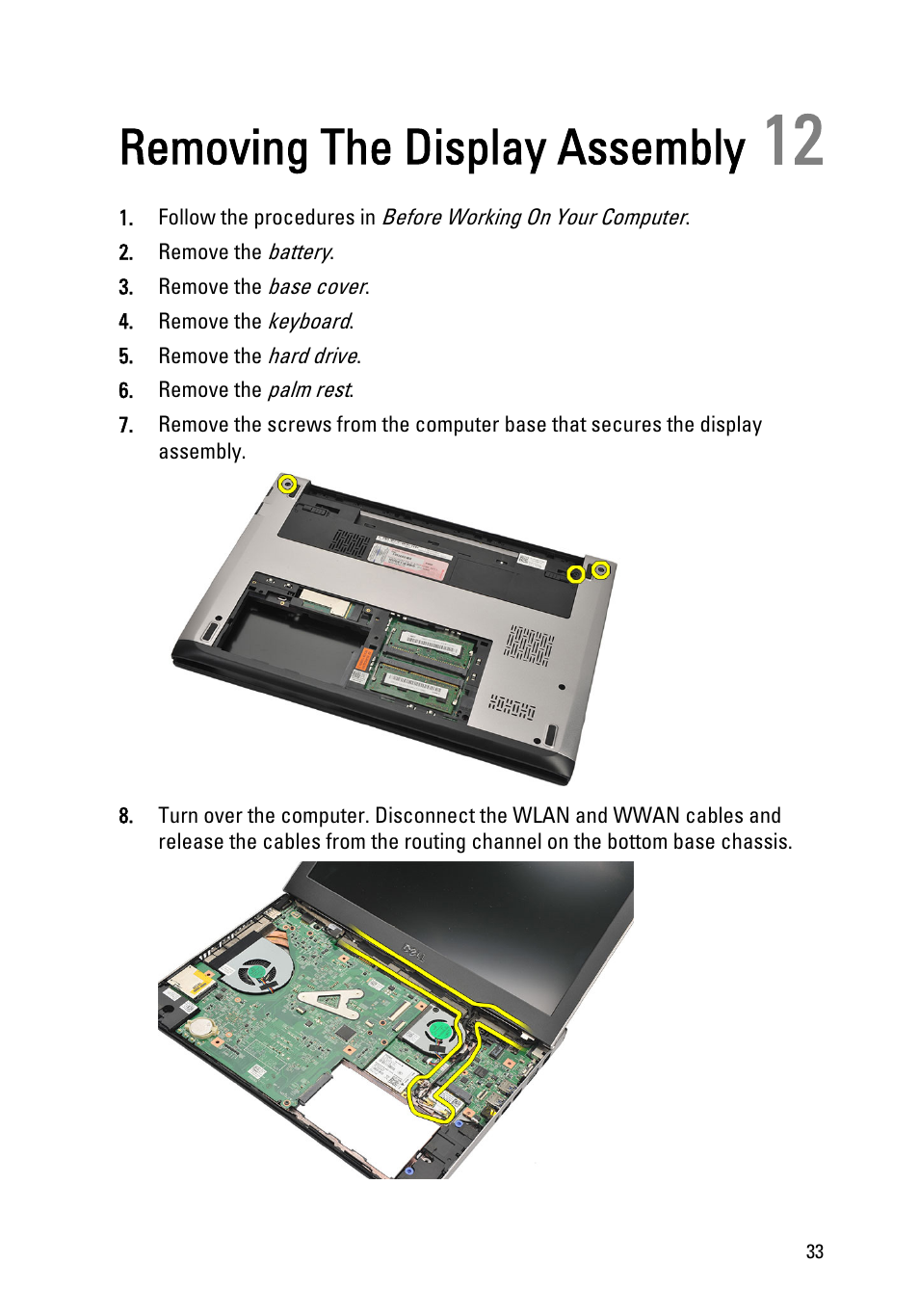 Removing the display assembly, 12 removing the display assembly | Dell Vostro V131 (Mid 2011) User Manual | Page 33 / 90