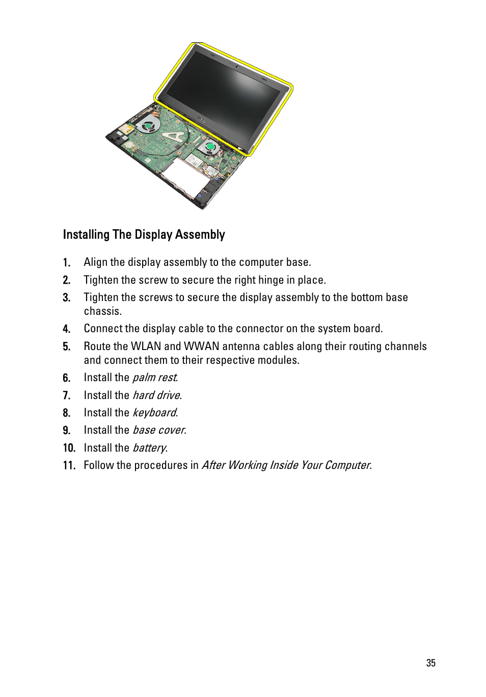 Installing the display assembly | Dell Vostro V131 (Mid 2011) User Manual | Page 35 / 90