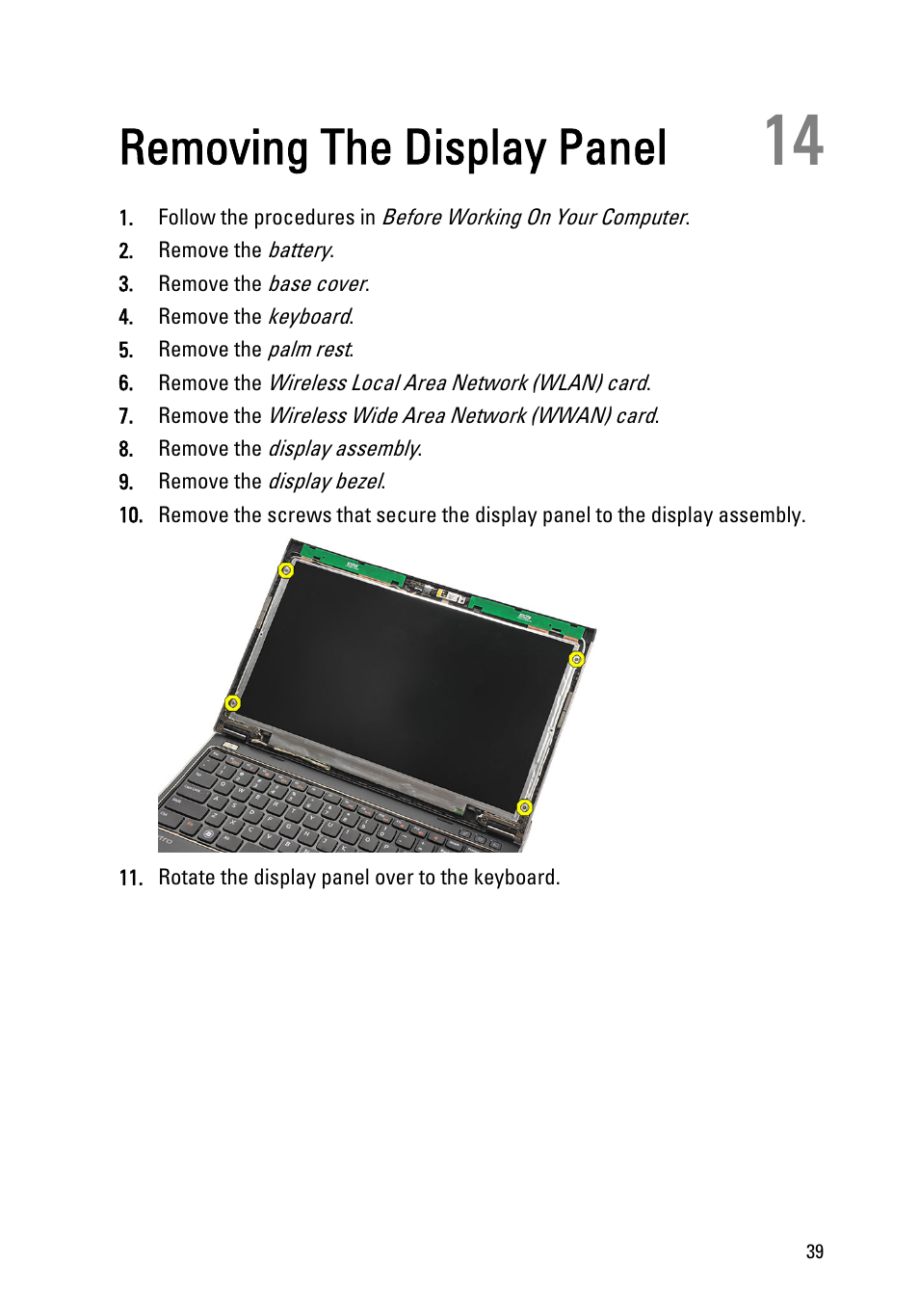 Removing the display panel, 14 removing the display panel | Dell Vostro V131 (Mid 2011) User Manual | Page 39 / 90