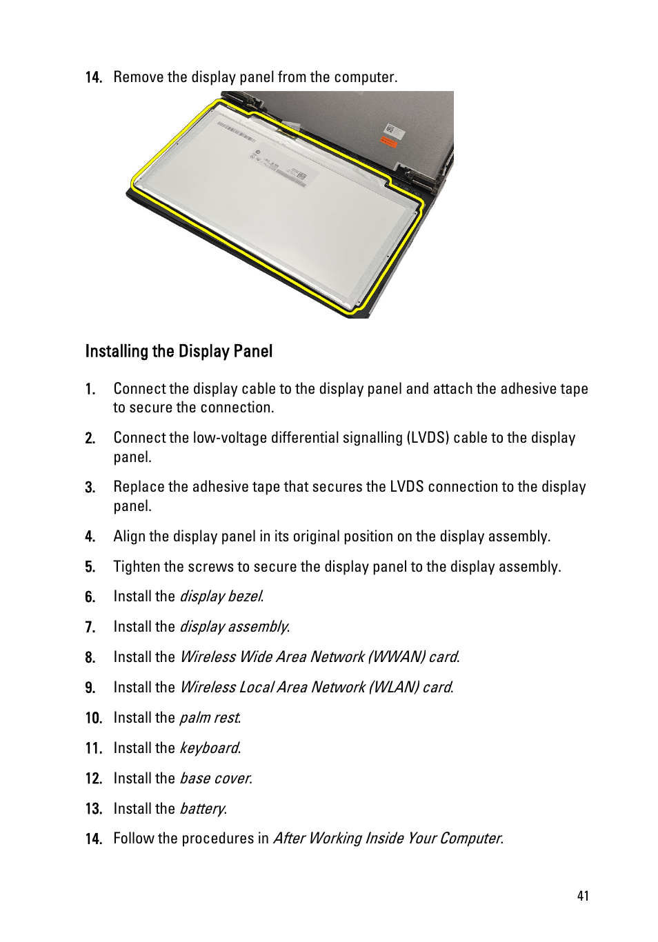 Installing the display panel | Dell Vostro V131 (Mid 2011) User Manual | Page 41 / 90