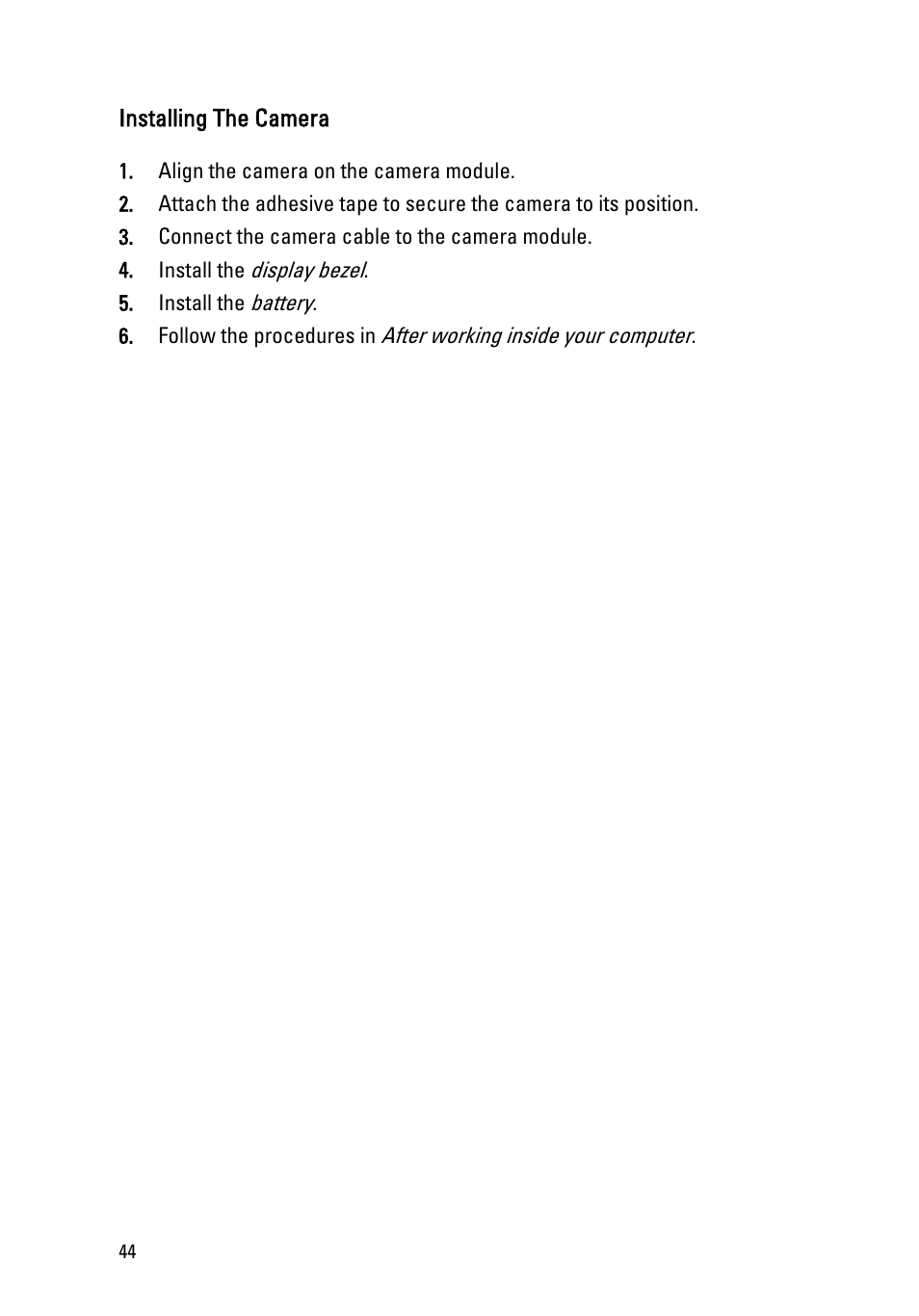 Installing the camera | Dell Vostro V131 (Mid 2011) User Manual | Page 44 / 90