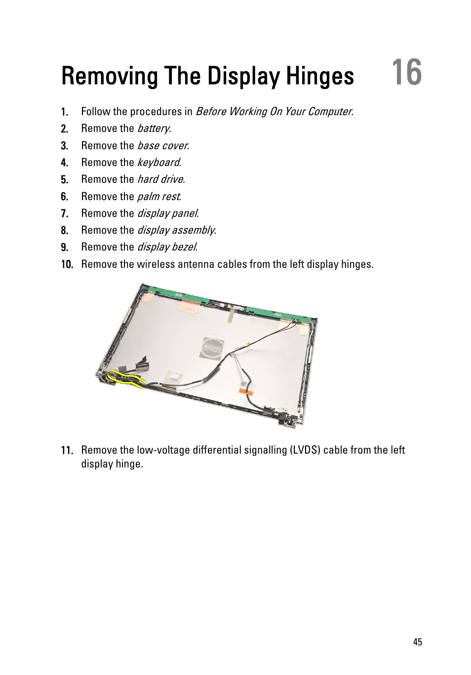 Removing the display hinges, 16 removing the display hinges | Dell Vostro V131 (Mid 2011) User Manual | Page 45 / 90