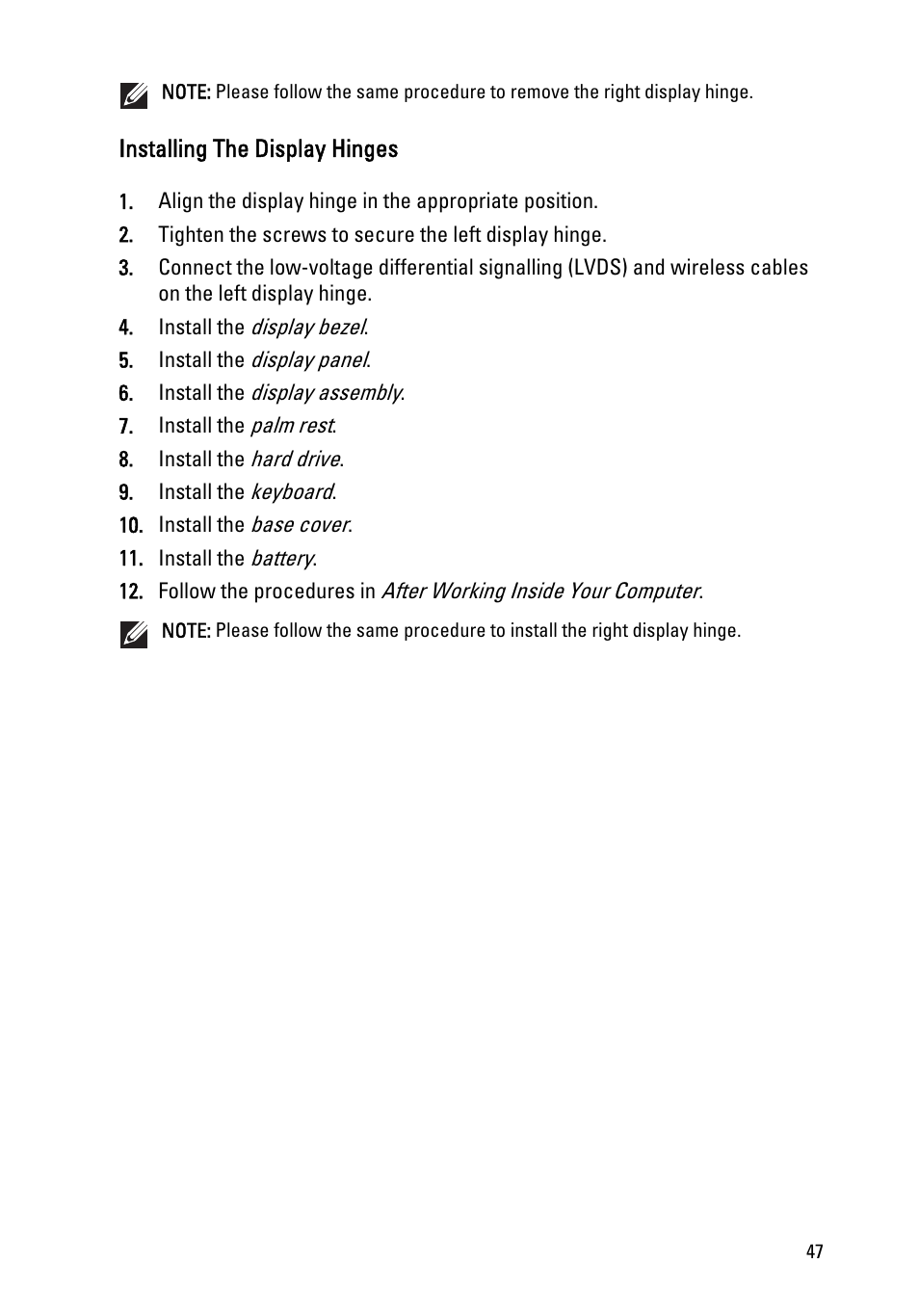 Installing the display hinges | Dell Vostro V131 (Mid 2011) User Manual | Page 47 / 90