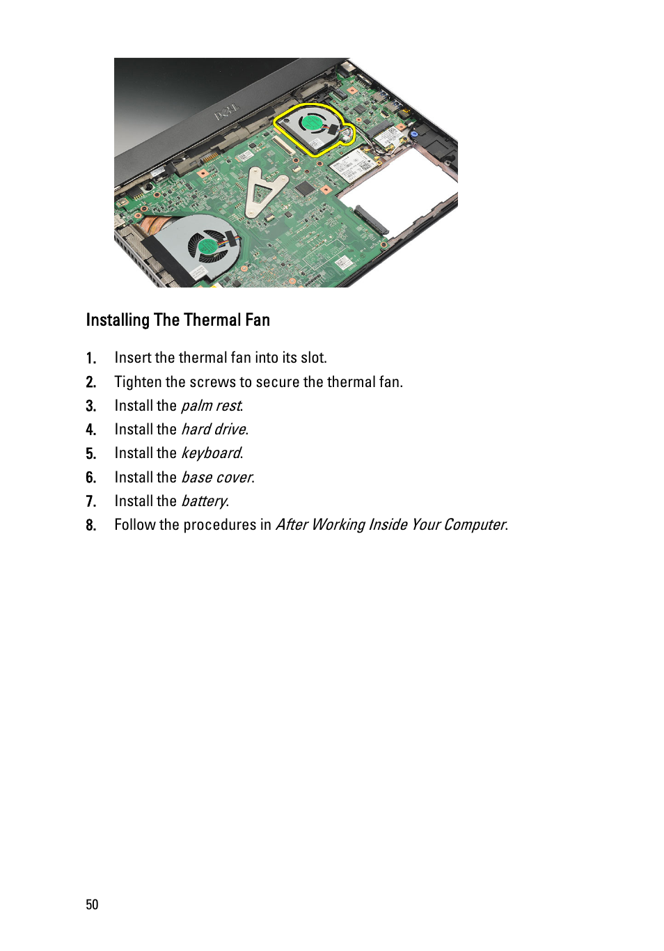 Installing the thermal fan | Dell Vostro V131 (Mid 2011) User Manual | Page 50 / 90