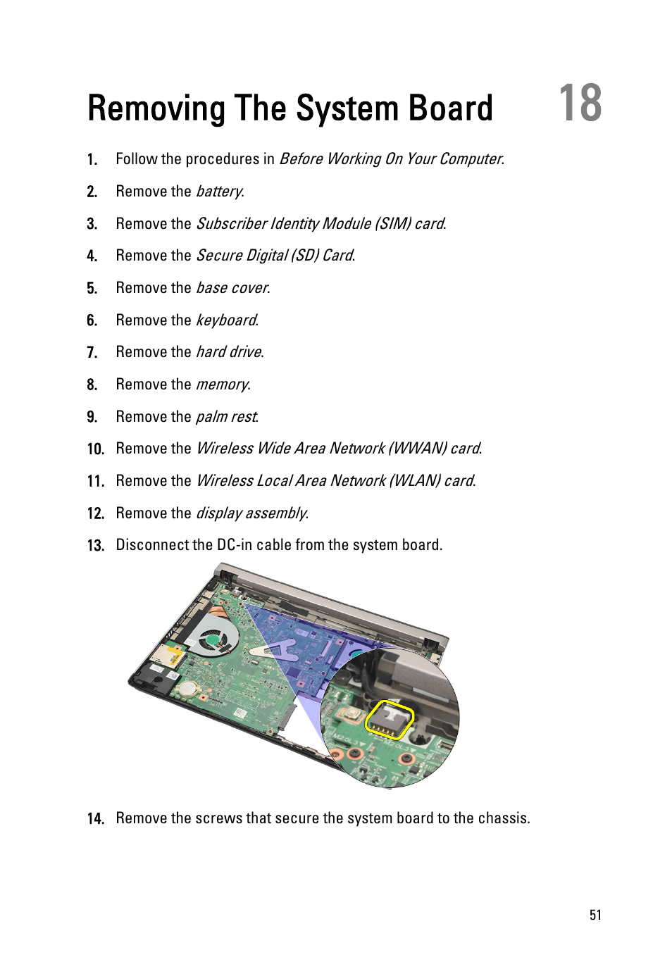 Removing the system board, 18 removing the system board | Dell Vostro V131 (Mid 2011) User Manual | Page 51 / 90