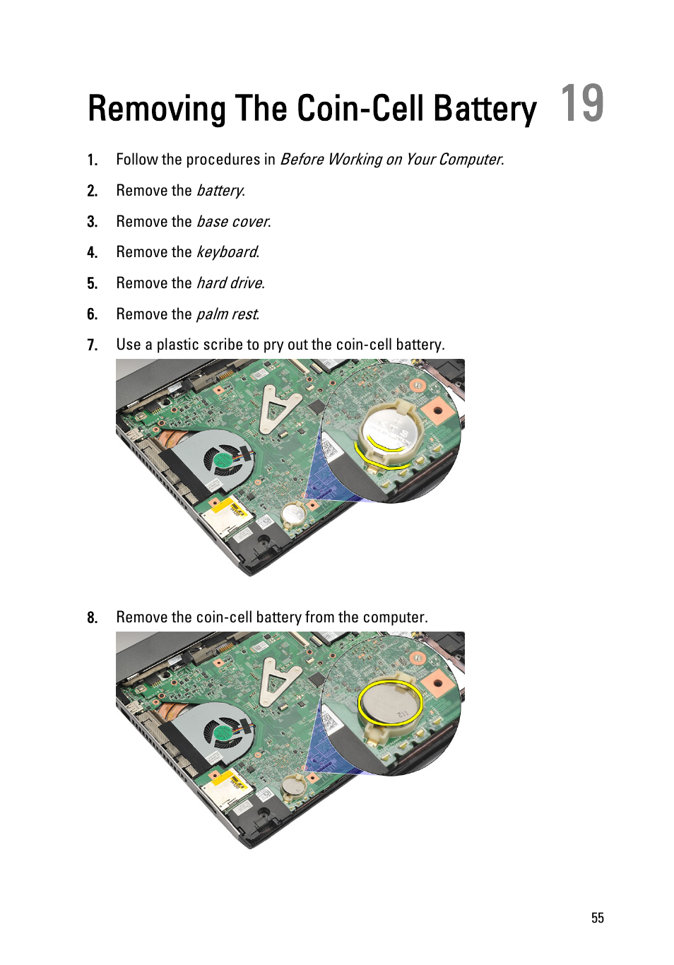 Removing the coin-cell battery, 19 removing the coin-cell battery | Dell Vostro V131 (Mid 2011) User Manual | Page 55 / 90