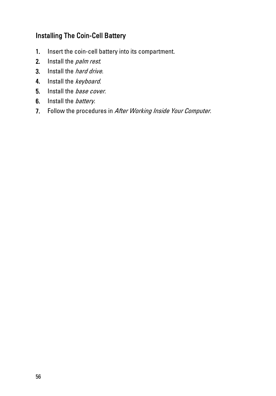 Installing the coin-cell battery | Dell Vostro V131 (Mid 2011) User Manual | Page 56 / 90