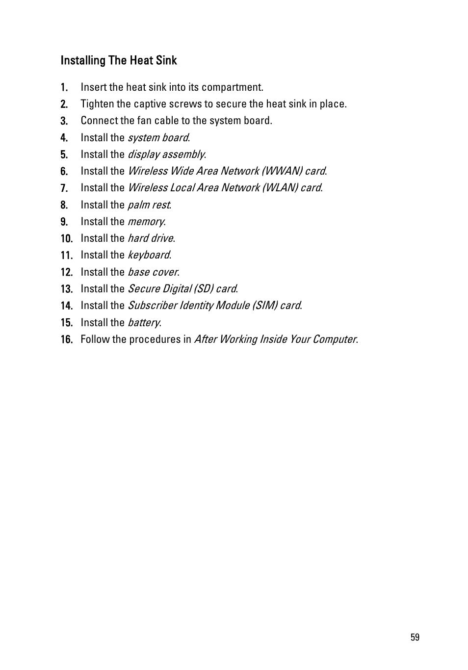 Installing the heat sink | Dell Vostro V131 (Mid 2011) User Manual | Page 59 / 90