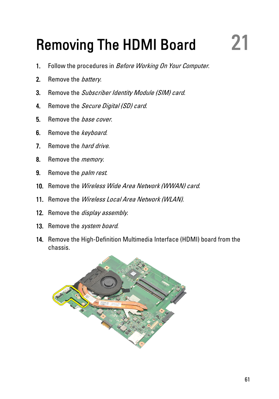 Removing the hdmi board, 21 removing the hdmi board | Dell Vostro V131 (Mid 2011) User Manual | Page 61 / 90