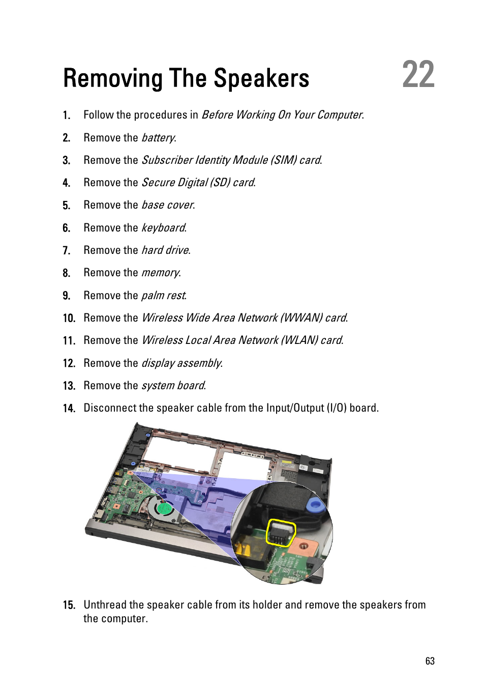 Removing the speakers, 22 removing the speakers | Dell Vostro V131 (Mid 2011) User Manual | Page 63 / 90