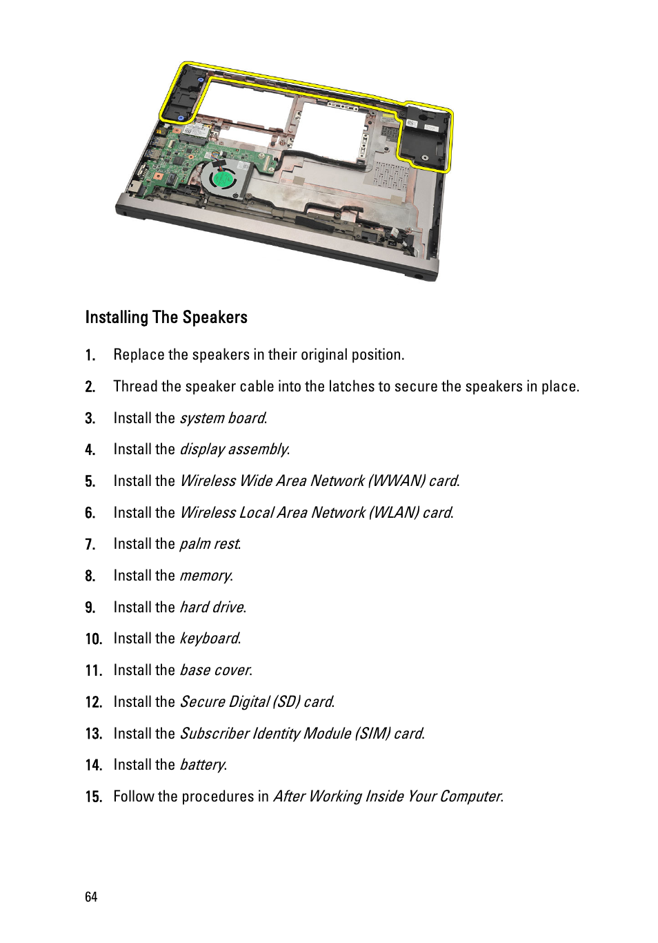 Installing the speakers | Dell Vostro V131 (Mid 2011) User Manual | Page 64 / 90