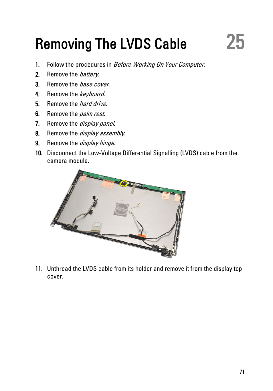 Removing the lvds cable, 25 removing the lvds cable | Dell Vostro V131 (Mid 2011) User Manual | Page 71 / 90