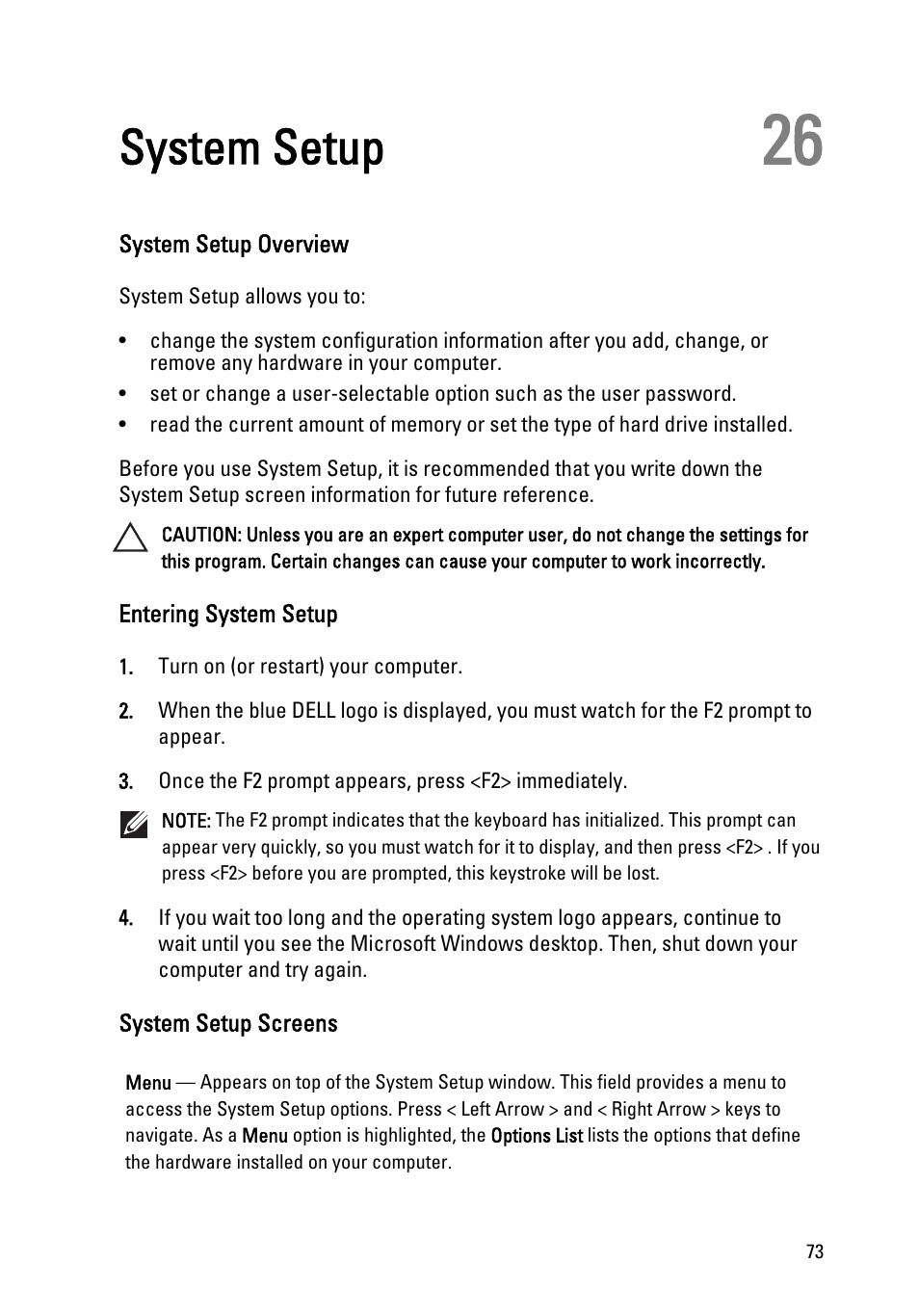 System setup, System setup overview, Entering system setup | System setup screens, 26 system setup | Dell Vostro V131 (Mid 2011) User Manual | Page 73 / 90