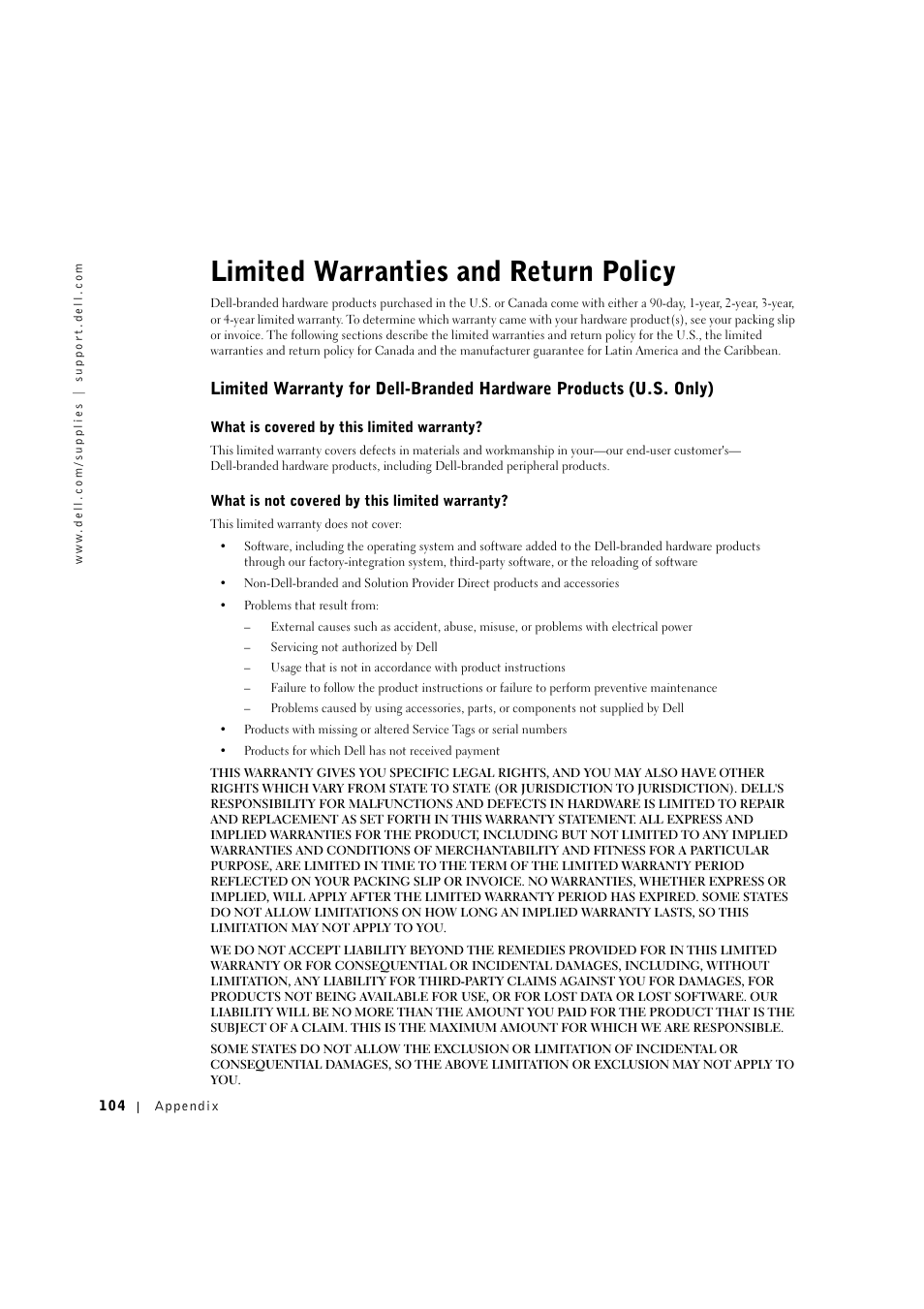 Limited warranties and return policy | Dell 1600n Multifunction Mono Laser Printer User Manual | Page 114 / 134