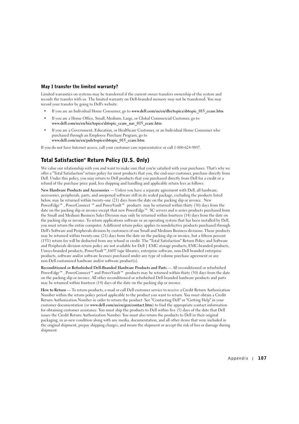 Total satisfaction" return policy (u.s. only) | Dell 1600n Multifunction Mono Laser Printer User Manual | Page 117 / 134