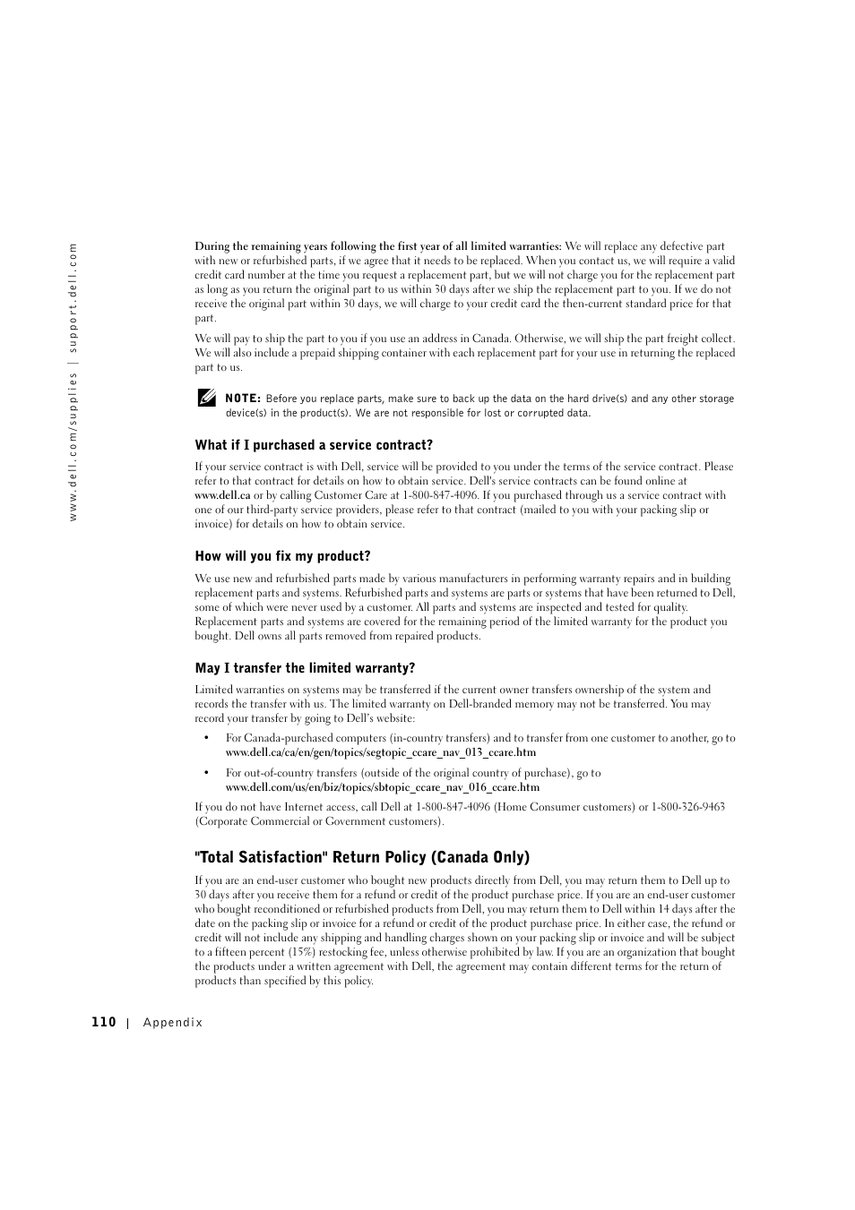 Total satisfaction" return policy (canada only) | Dell 1600n Multifunction Mono Laser Printer User Manual | Page 120 / 134