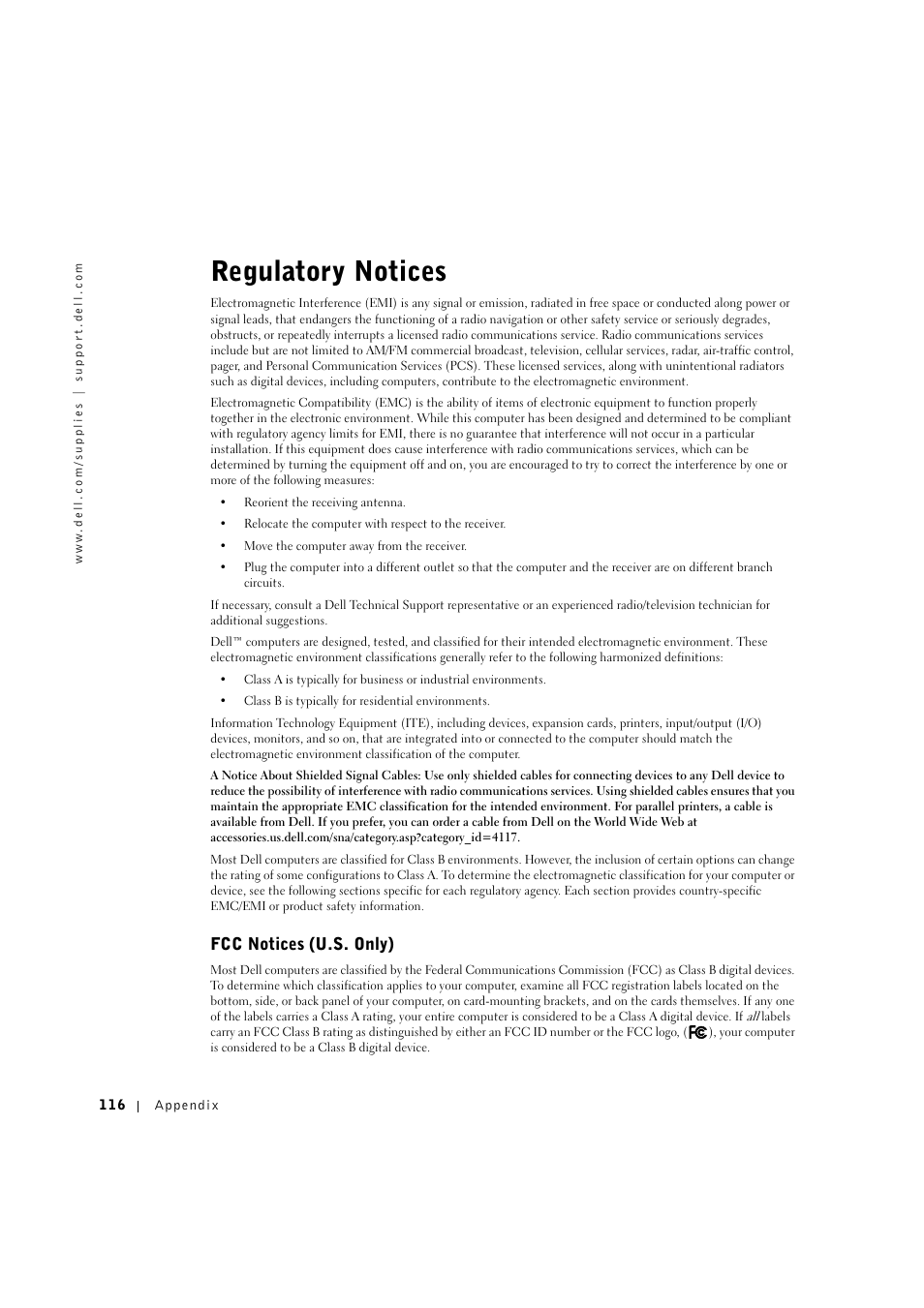 Regulatory notices, Fcc notices (u.s. only) | Dell 1600n Multifunction Mono Laser Printer User Manual | Page 126 / 134