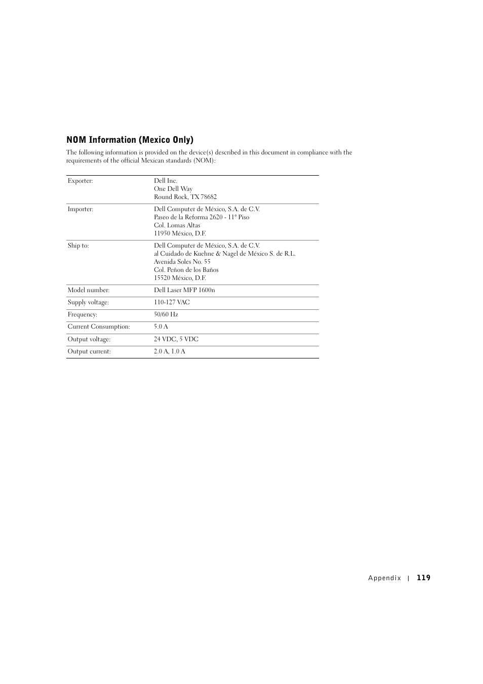 Nom information (mexico only) | Dell 1600n Multifunction Mono Laser Printer User Manual | Page 129 / 134