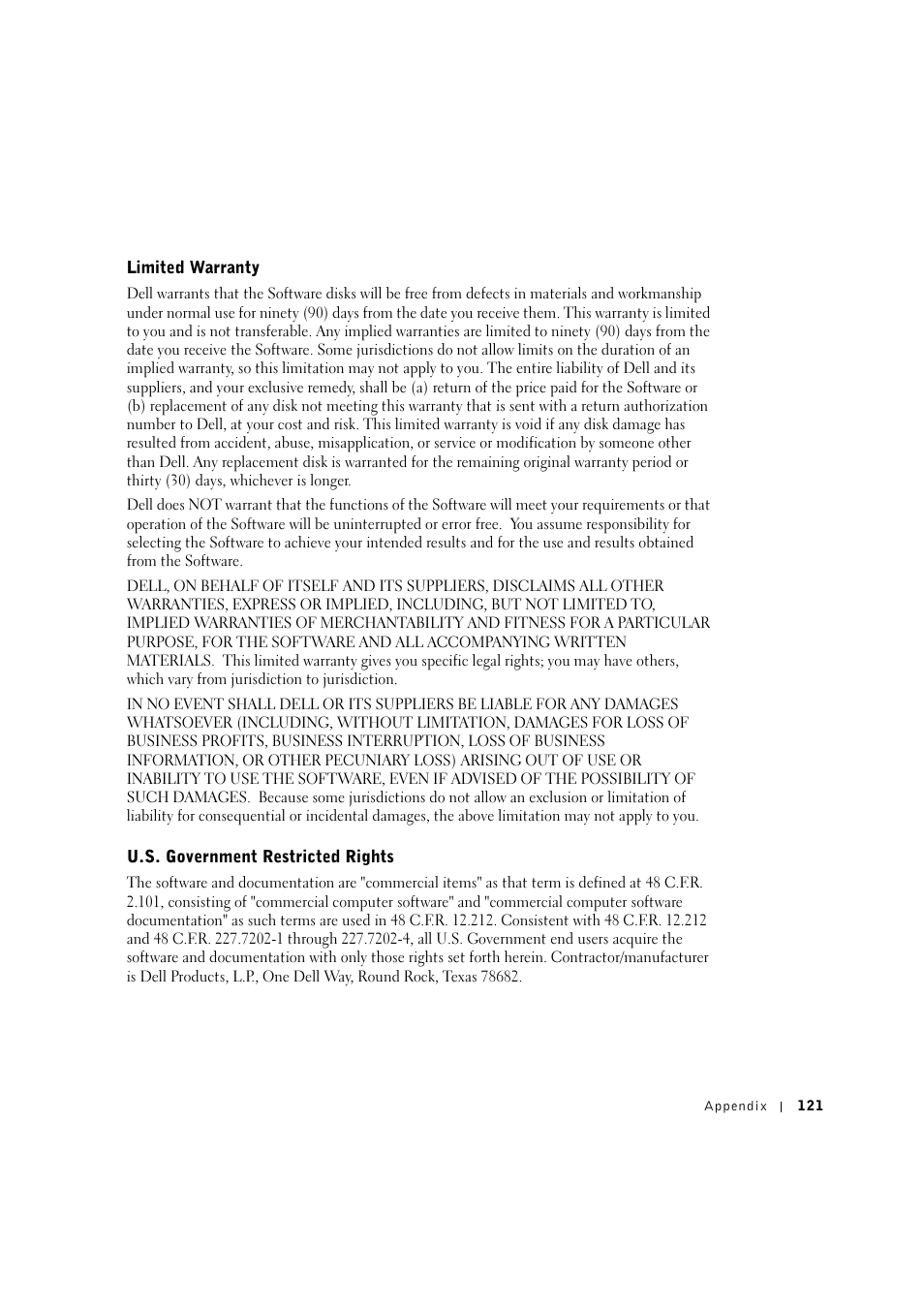 Limited warranty, U.s. government restricted rights | Dell 1600n Multifunction Mono Laser Printer User Manual | Page 131 / 134