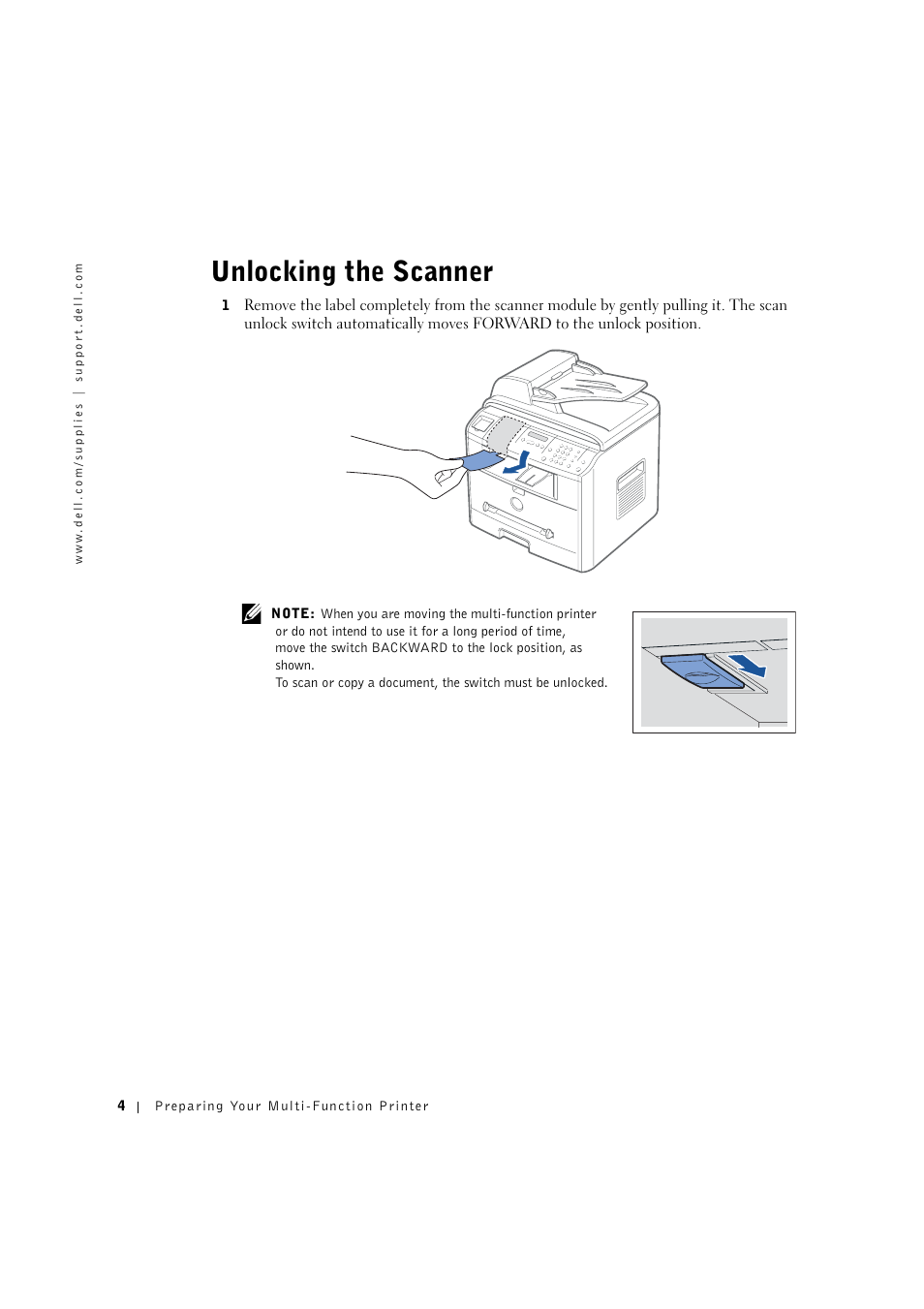 Unlocking the scanner | Dell 1600n Multifunction Mono Laser Printer User Manual | Page 14 / 134