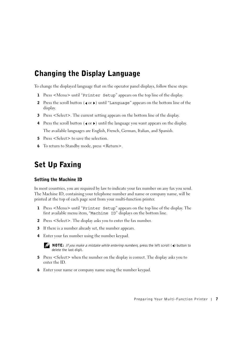 Changing the display language, Set up faxing, Setting the machine id | Dell 1600n Multifunction Mono Laser Printer User Manual | Page 17 / 134
