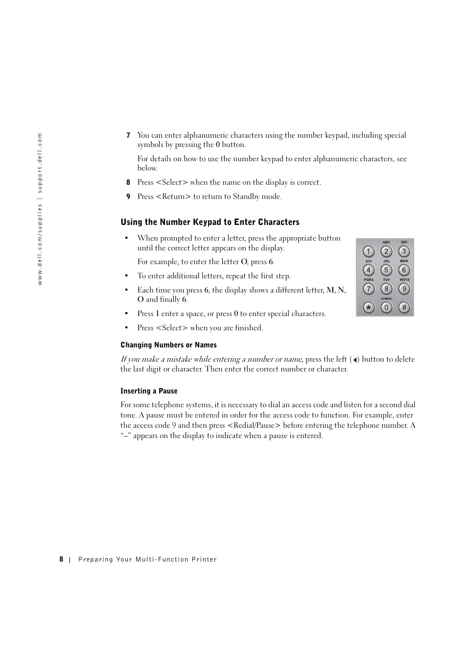 Using the number keypad to enter characters | Dell 1600n Multifunction Mono Laser Printer User Manual | Page 18 / 134